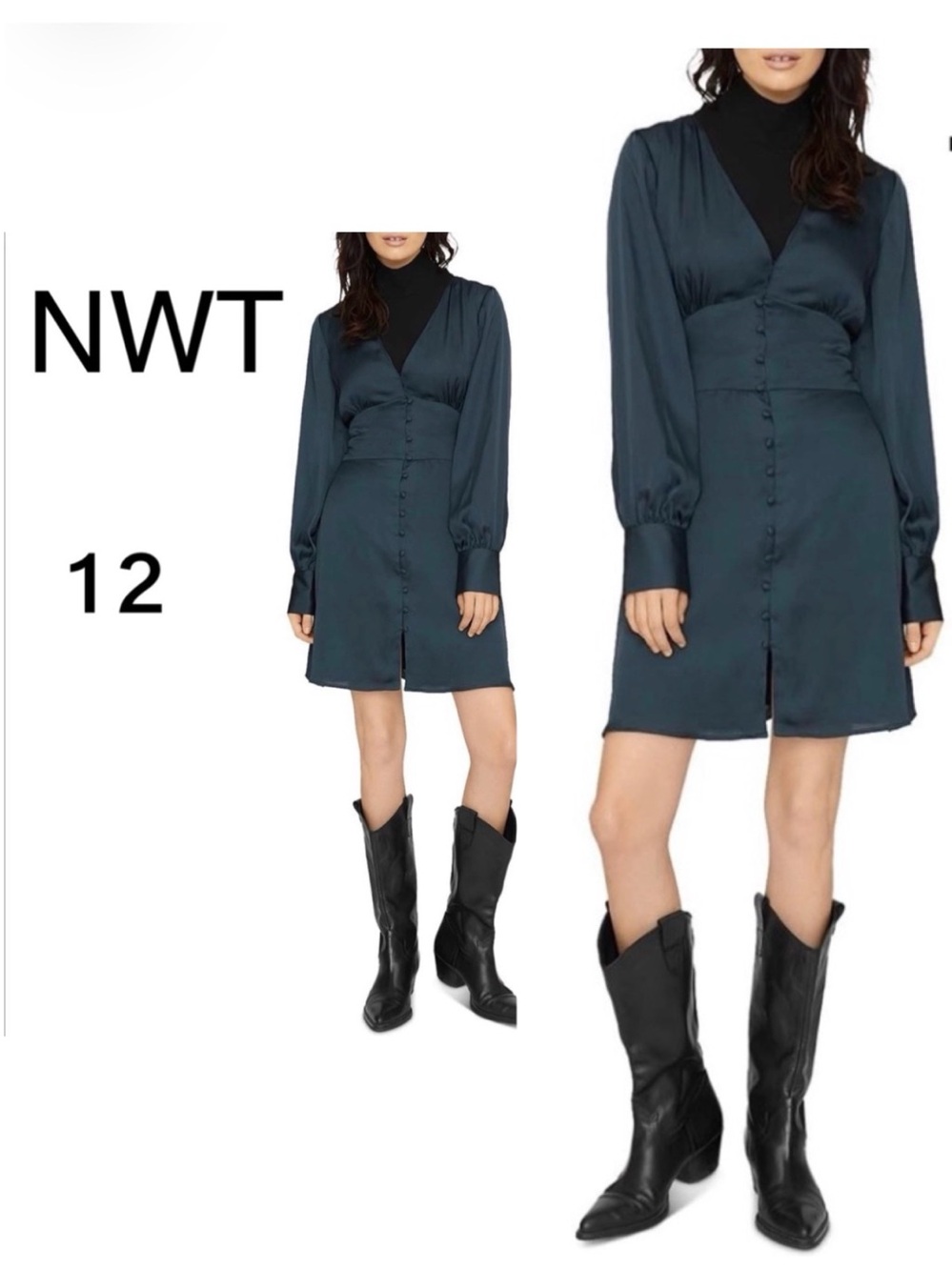 NWT Sanctuary jade green dress high waist deep v long sleeves button front 12